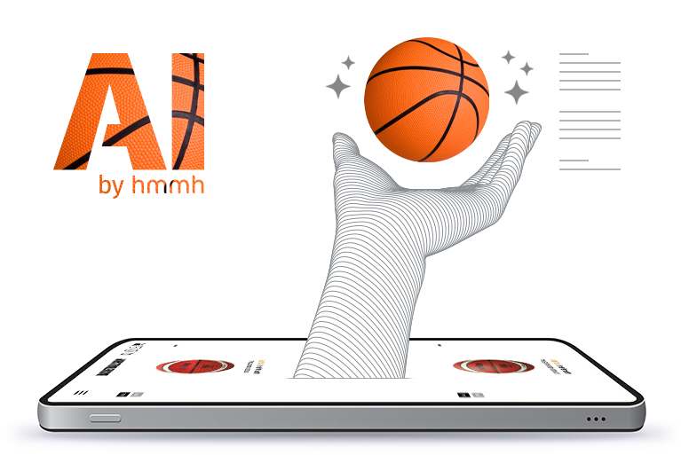 Grafik, wo eine hand aus einem Tablet kommt, sie hält einen Basketball. Links das Ai by hmmh Logo 