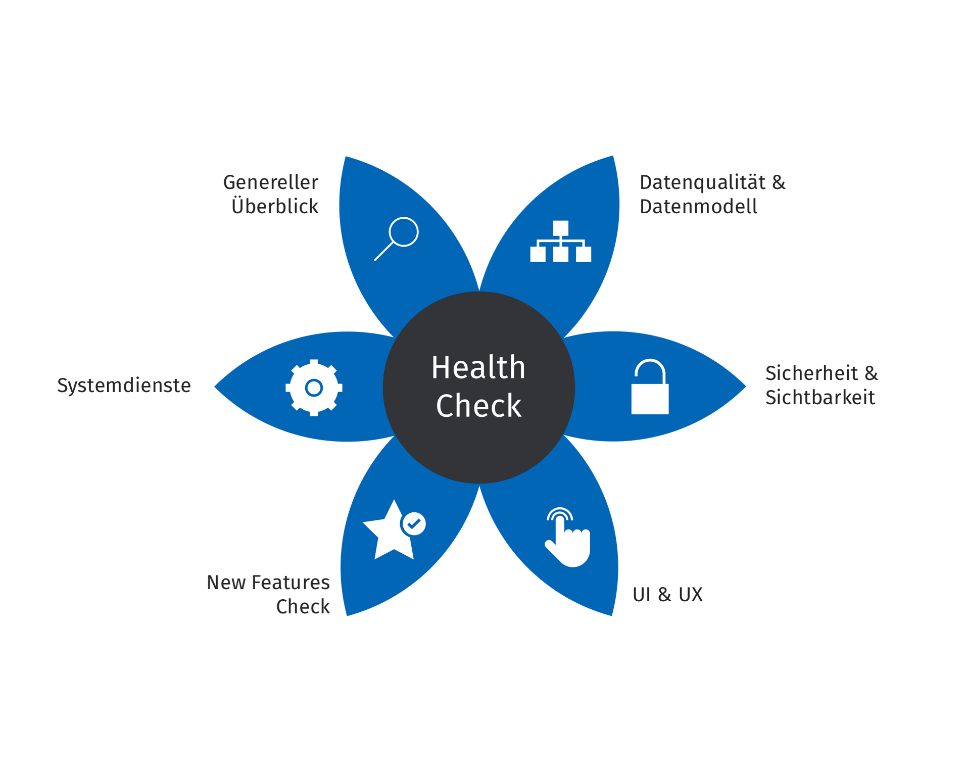 Salesforce Sales & Service Cloud | Darstellung der Analysebereiche des Salesforce Health Check: Genereller Überblick, Datenqualität und Datenmodell, Sicherheit und Sichtbarkeit, UI und UX, New Features Check und Systemdienste