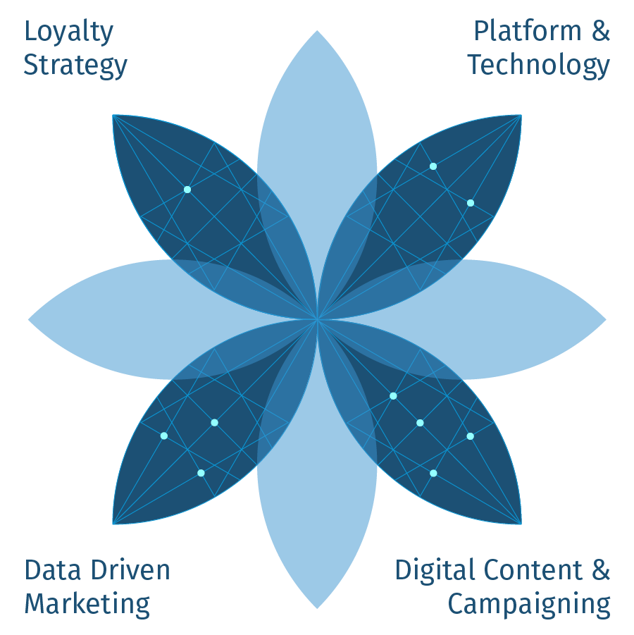 Stern mit den 4 Begriffen der die nebenstehend und im folgenden beschriebenen Bereich in einer Übersicht darstellt: Loyalty Strategy, Platform & Technology, Data Driven Marketing, Digital Content & Campaigning